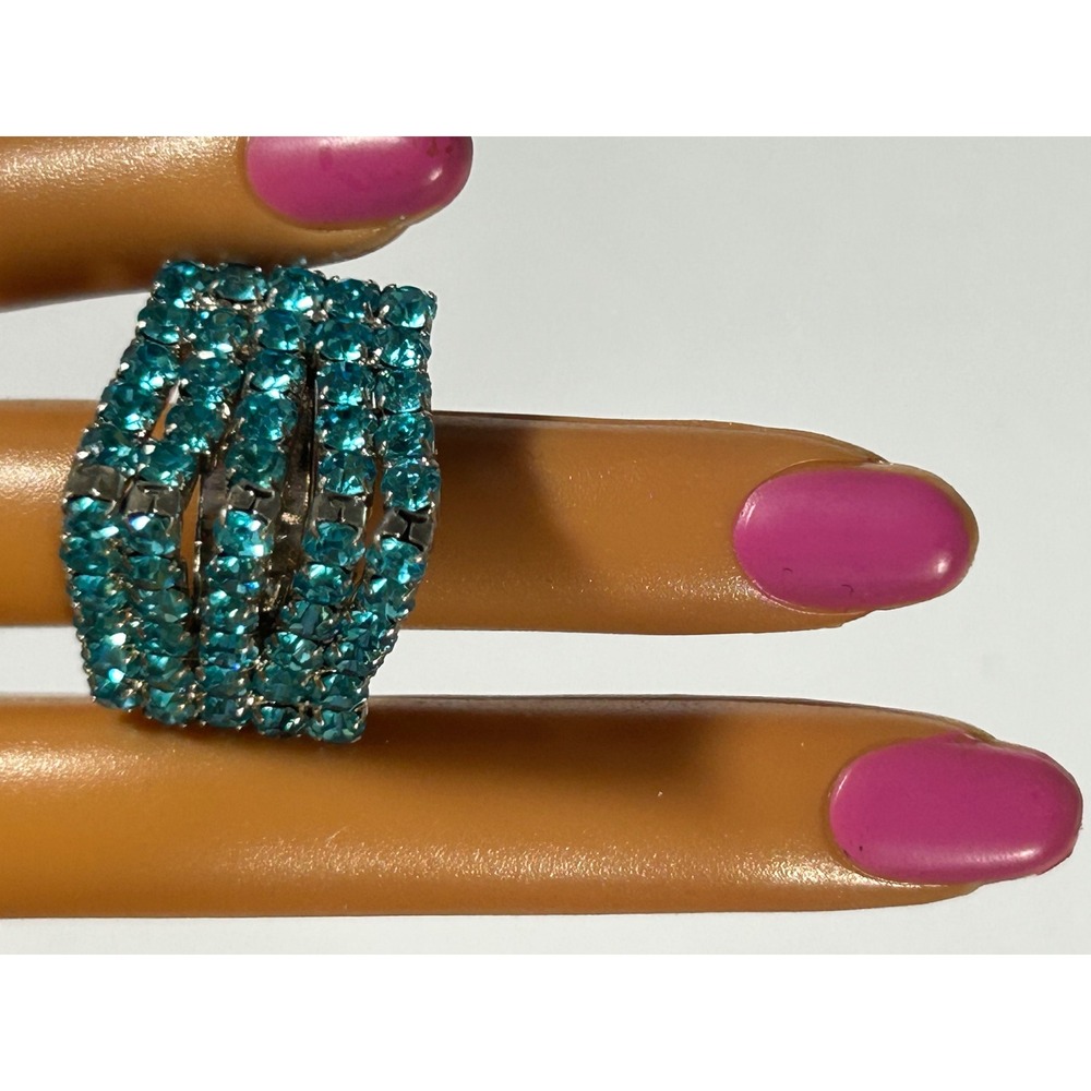 Vintage Y2K Teal Blue Rhinestone 5 Row Statement‎ Ring Adjustable Silver Tone